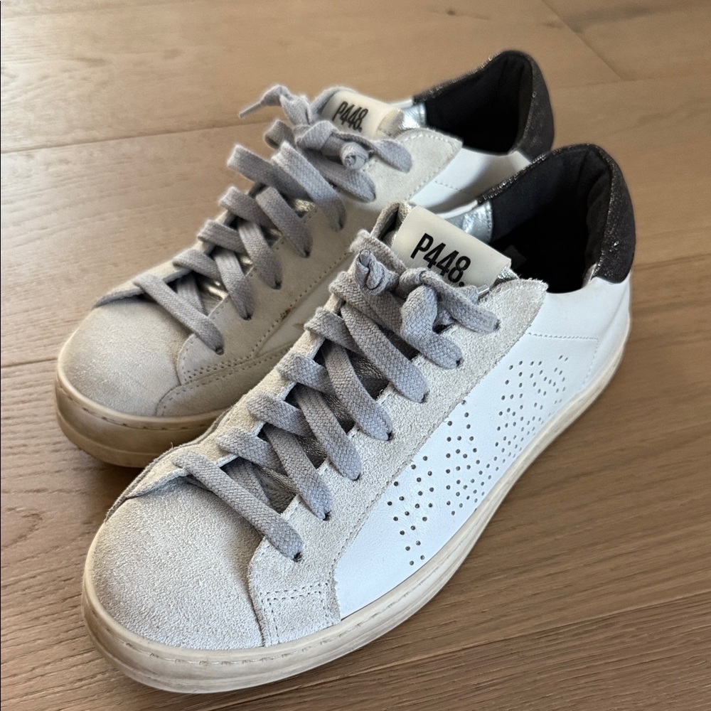 P448 Women's White and Gray Sneakers with Black Heel